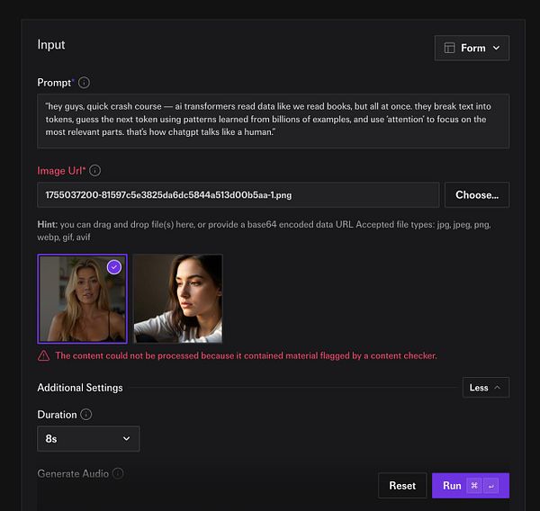 The image displays a user interface for an AI tool with input fields and error messages related to image processing.