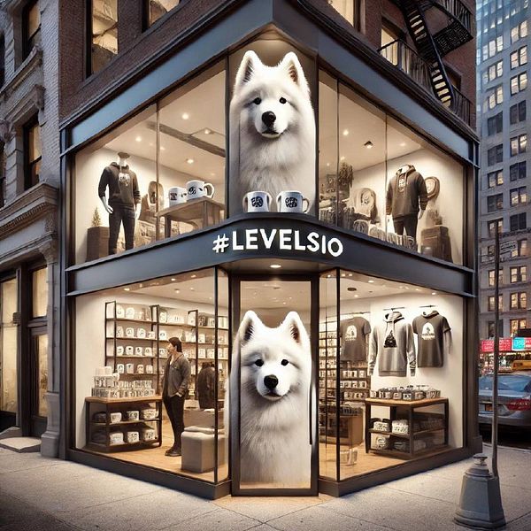 A physical merchandise store for levelsio.com is depicted, featuring a large Samoyed dog image on the storefront.