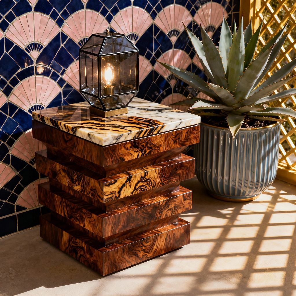 A sunlit patio vignette features a navy and blush fan-pattern tile wall behind a sculptural stepped side table in glossy burl wood, topped with a cream marble slab veined in caramel and black. A faceted black-metal lantern with a glowing bulb sits on the table, while a large agave in a ribbed blue ceramic planter stands nearby as a golden lattice casts crisscross shadows on the concrete floor.