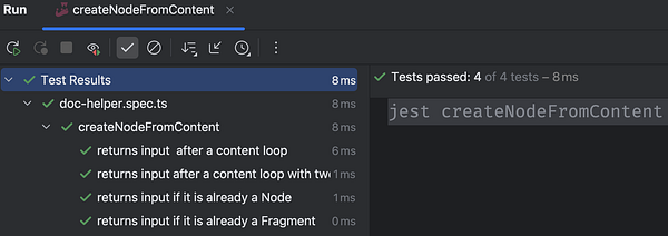 The image displays a testing interface showing the results of a JavaScript function test for ProseMirror.