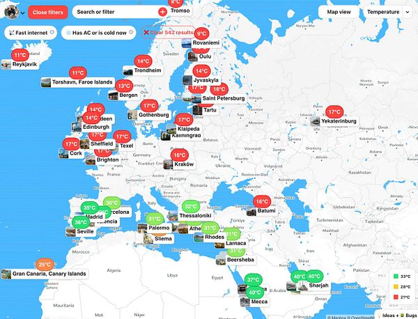 A weather map displaying temperatures across various European and Middle Eastern cities.
