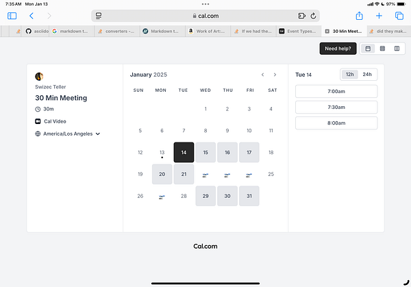 The image displays a scheduling interface for booking a 30-minute meeting on Cal.com.