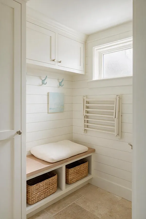 A bright basement mudroom nook with white shiplap walls, a built-in bench with a light wood top, woven storage baskets underneath, and a white wall-mounted towel warmer. Small blue hooks and a pale coastal artwork add soft color, while a frosted window brings in natural light.