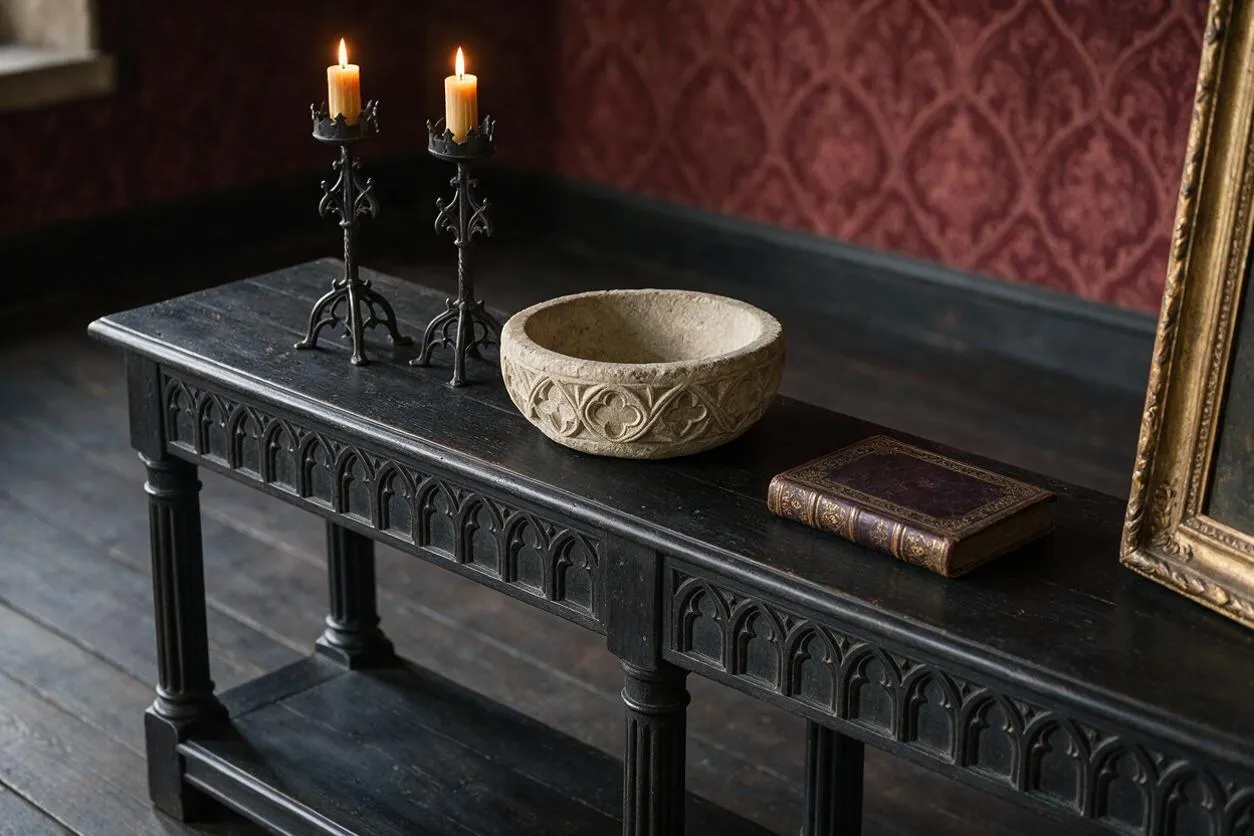 A Gothic-style vignette features a dark carved wooden console table against deep red damask wallpaper. Two lit black metal candlesticks, a carved stone bowl, and a small antique book sit on the tabletop beside an ornate gilded frame.