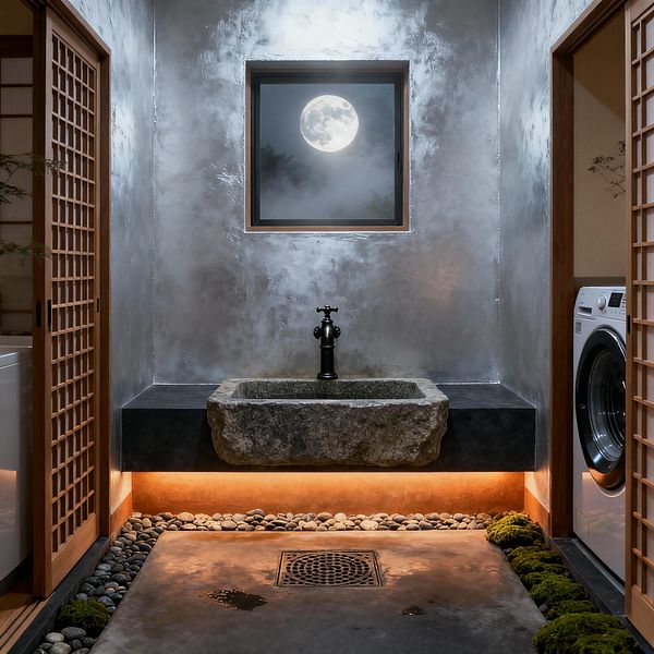 Japanese Zen-inspired laundry room with a central rough stone sink and matte black faucet against silver-gray plaster walls. A framed window shows a bright full moon; warm underlighting highlights river pebbles edging a concrete floor with a square drain, while small bands of moss soften the base. Natural wood shoji screens open to side alcoves with front‑load machines, creating a calm, symmetrical, minimalist space.