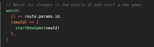 A code snippet for watching changes in a puzzle ID to start a new game.
