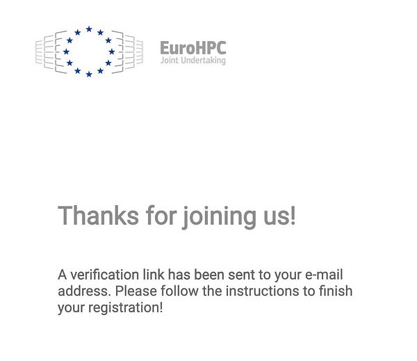 The image displays a confirmation message from EuroHPC regarding a registration process.