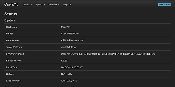 The image displays the system status page of an OpenWrt router interface.