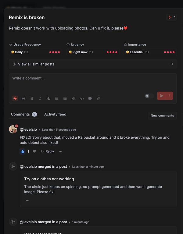 A task interface displaying a report about a broken feature in a photo uploading tool.