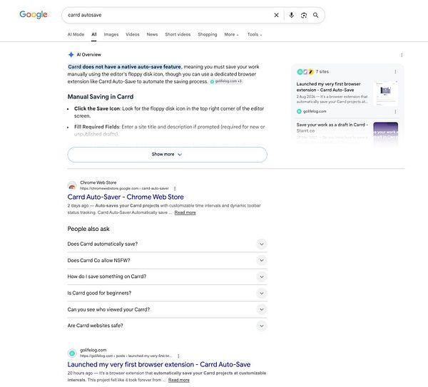 Screenshot of Google search results showing the Carrd Auto-Save browser extension ranked #1 and #2 for the search term 'carrd autosave'.