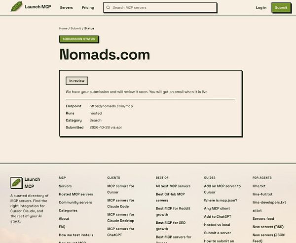 Submission status page for nomads.com on Launch MCP showing the submission is in review.