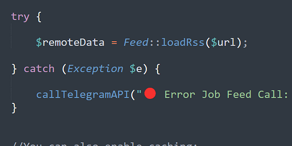 Code snippet demonstrating a try/catch block for error handling in a jobs bot.