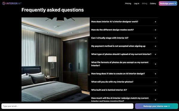 The image displays a modern interior design FAQ section from Interior AI.
