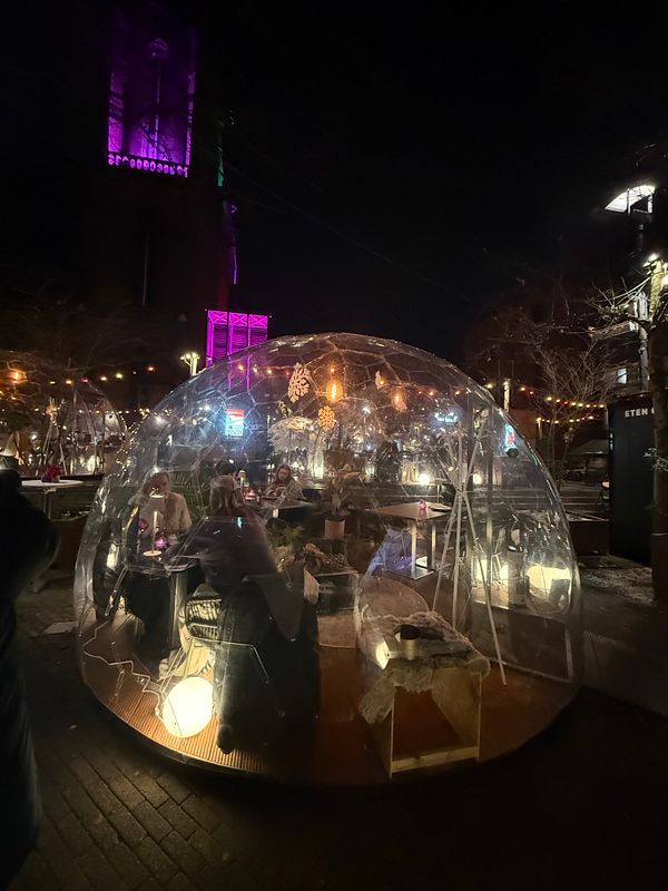 A dome-shaped restaurant with tables set for dining, situated in a modern wooden structure surrounded by plants.