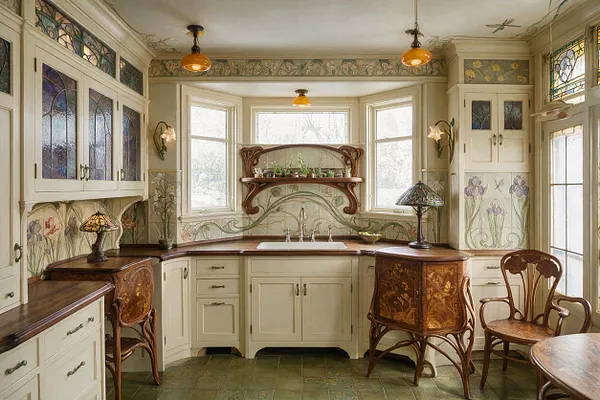 A bright Art Nouveau kitchen with cream cabinetry, dark wood countertops, and decorative floral wall panels. Stained glass cabinet doors, bay windows, sculptural wood shelves, and amber pendant lights create an elegant vintage atmosphere.