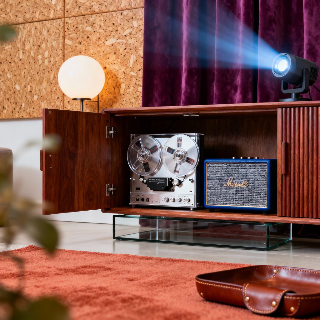 A mid-century media nook features a low walnut console on a clear glass base, with one door open to reveal a brushed-aluminum reel-to-reel tape deck and a blue-trimmed speaker. A globe lamp sits before cork wall panels while a compact black projector casts a bright beam across deep purple velvet curtains; a burnt-orange rug and a leather tray rest on a light concrete floor in the foreground.