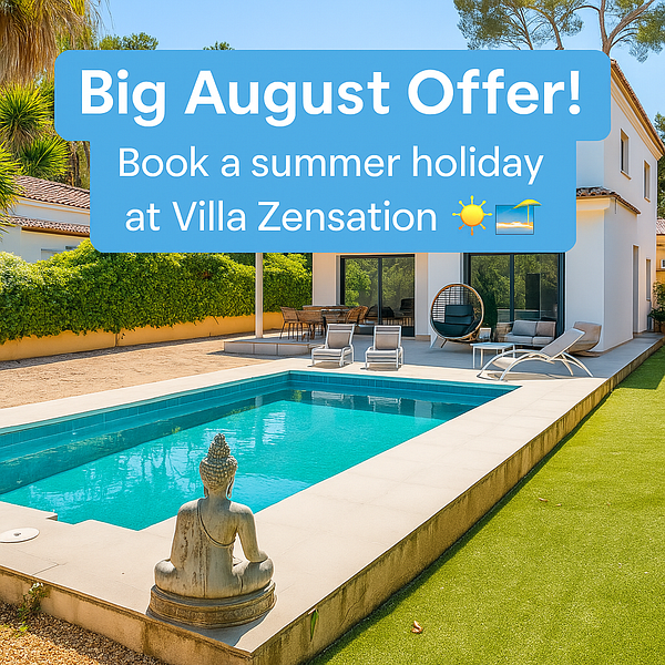 A luxurious villa with a swimming pool and outdoor seating area is featured in a promotional advertisement.