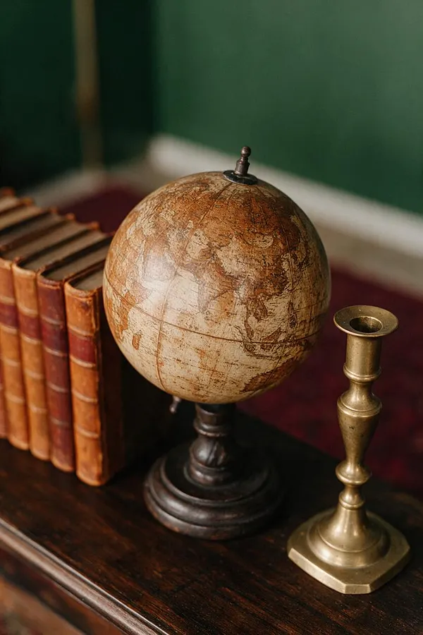 A dark academia decorative vignette on a polished wooden surface featuring a worn vintage globe on a dark stand, a row of leather-bound books, and a brass candlestick. The backdrop is deep green with burgundy accents, creating an old-library atmosphere.