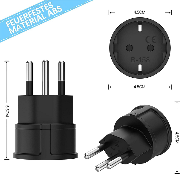 The image displays a Schuko adapter designed for use in Switzerland and Italy.