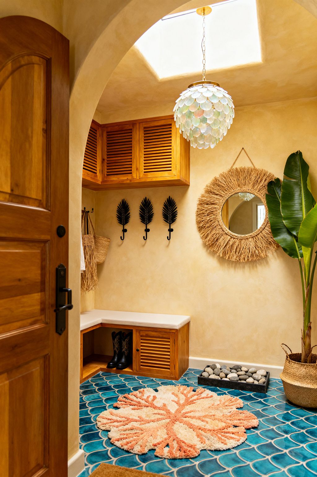 A compact tropical mudroom features glossy teal fish-scale tile flooring with a round coral-patterned rug, warm wood cabinets with louvered doors, and a white-cushioned corner bench. Black palm-frond hooks, a raffia-framed round mirror, an iridescent capiz shell pendant hanging beneath a skylight, a woven basket planter with a banana leaf plant, and a shallow tray of river stones complete the sandy-toned plaster space.