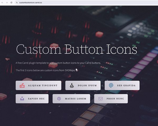 The image displays a webpage for a Carrd plugin featuring custom button icons.