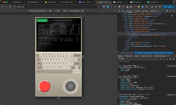 The image displays a developer console interface showing a virtual gaming device with a keyboard and control buttons.