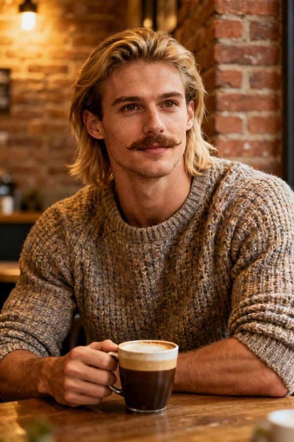 A young man with long hair and a mustache sits at a café, holding a cup of coffee.