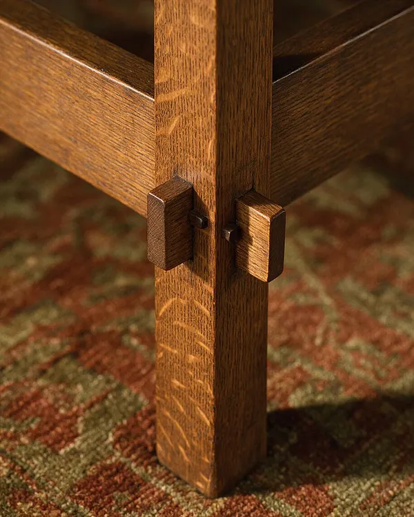 Close-up of a Craftsman-style wooden furniture leg and lower frame, showing warm oak grain, exposed joinery details, and small block-like connectors. The piece rests on a patterned wool rug in muted rust, olive, and gold tones.