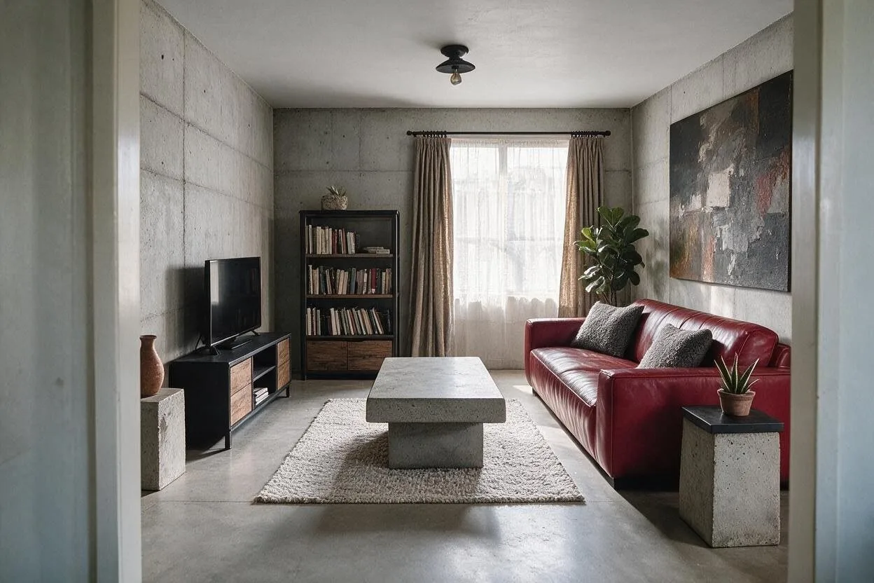 The same Brutalist living room in the Oxblood palette: concrete gray, oxblood, smoked oak, ash gray, and black