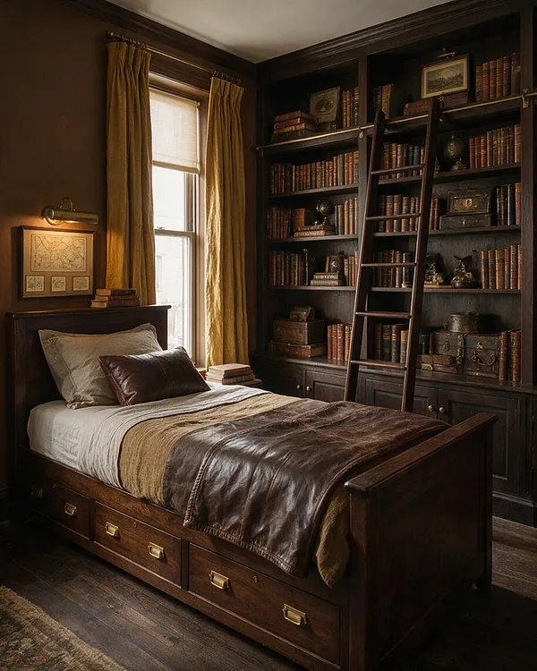 A dark academia bedroom with a wooden bed dressed in layered neutral bedding and a brown leather throw. The room features tall built-in bookshelves filled with old books, a leaning ladder, mustard curtains, a framed map, and warm wall lighting against dark wood finishes.