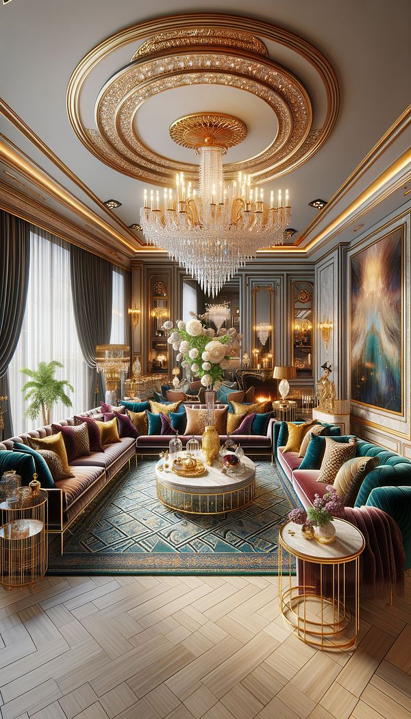 A glamorous living room designed in the Hollywood Regency style, featuring bold colors, ornate detailing, and luxurious textures, with an emphasis on socializing and elegance.