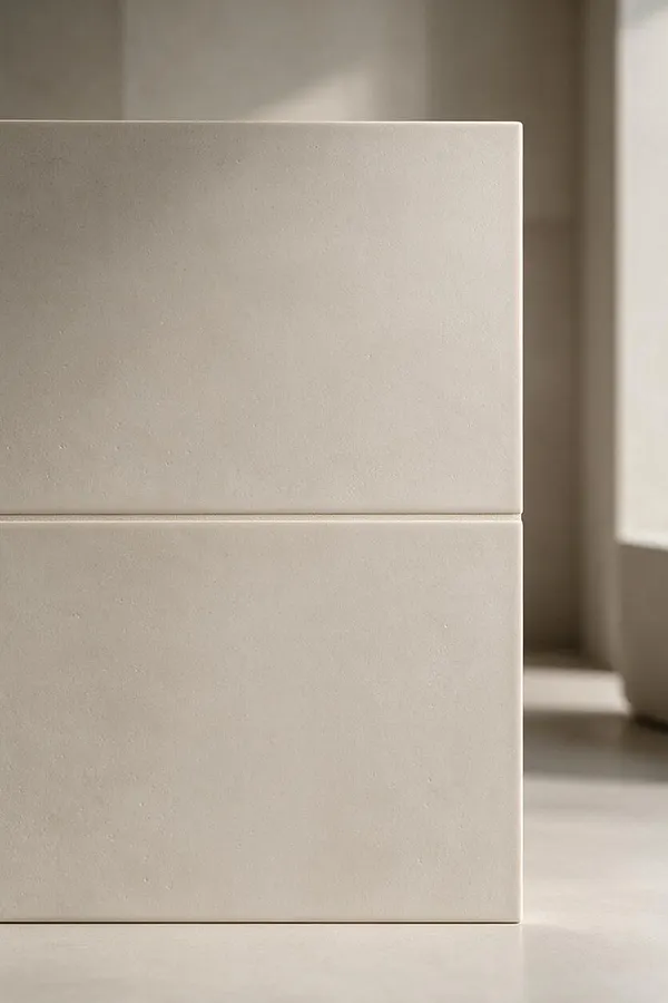 A close-up of a minimalist interior surface made of large matte beige tiles with a subtle textured finish and thin horizontal grout lines. Soft natural light washes across the neutral surface, creating a calm, understated atmosphere.
