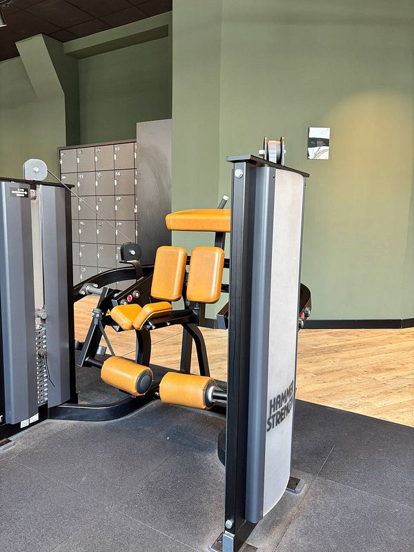 Gym interior with exercise equipment including treadmills and weight machines under artificial lighting.