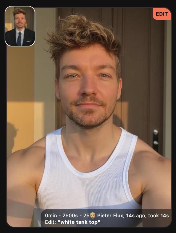 A man is posing for a selfie while wearing a white tank top, with a smaller image of him in a suit in the corner.