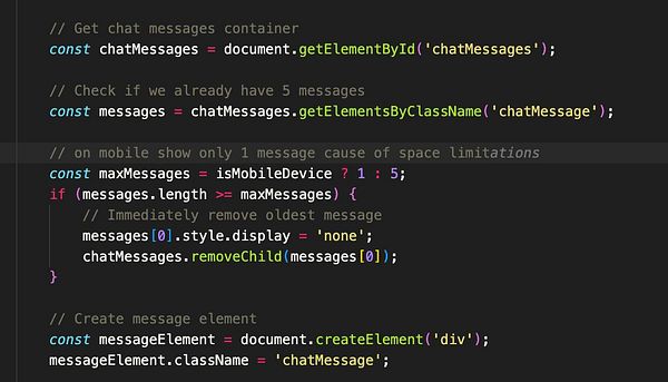 The image displays a code snippet for managing chat messages in a mobile application.