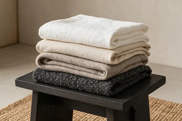A stack of folded neutral textiles in white, cream, beige, and charcoal rests on a small dark wooden stool. The scene is set against soft beige walls and a woven natural rug, creating a calm Japandi-inspired composition.