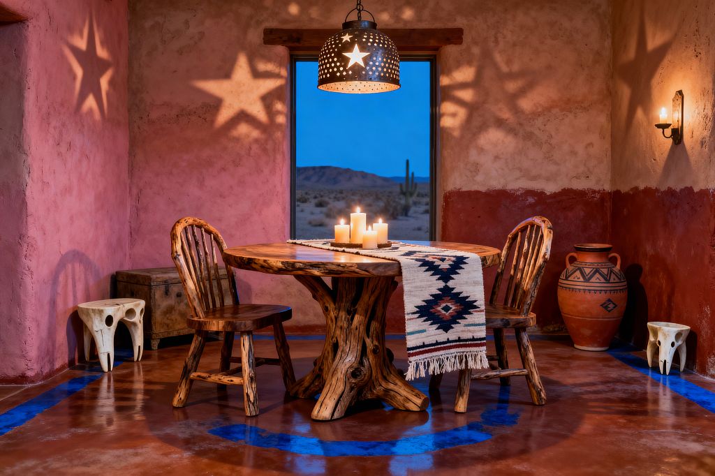 A small Southwestern dining room features a round, rustic log table with two twig-back chairs and a cream wool runner patterned with dark diamond motifs, topped by several lit pillar candles. Star-shaped shadows from a perforated metal pendant dance across pink and red adobe walls, while a polished terracotta-toned concrete floor with a cobalt ring, carved skull-like stools, a large painted clay urn, and a dusk desert view through a central window complete the warm scene.