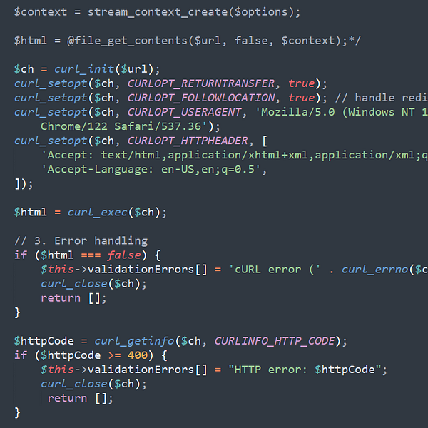 The image displays a code snippet that demonstrates the use of cURL for fetching content from a URL, including error handling.