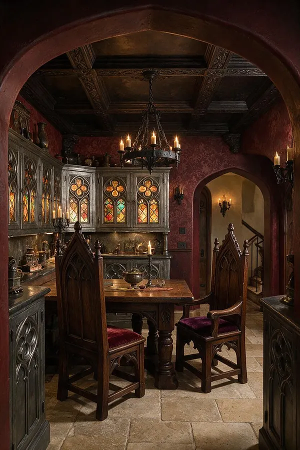 A dramatic Gothic-style basement dining room with a dark carved wood ceiling, pointed-arch cabinetry with stained-glass panels, and a heavy wooden table surrounded by tall throne-like chairs. Deep red patterned walls, candle chandeliers, and a stone tile floor create a moody, medieval atmosphere.