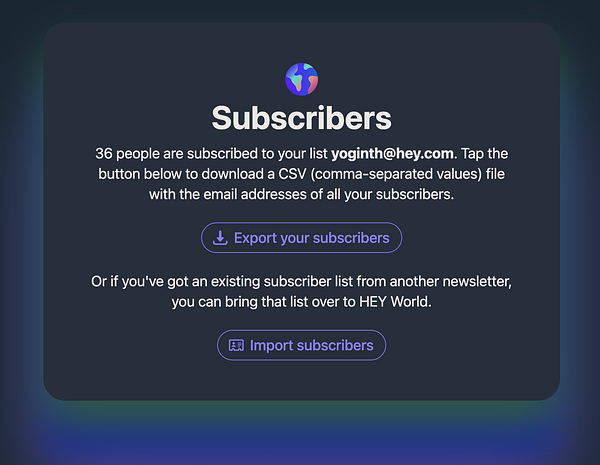 The image displays a subscriber management interface for a Hey.com account.