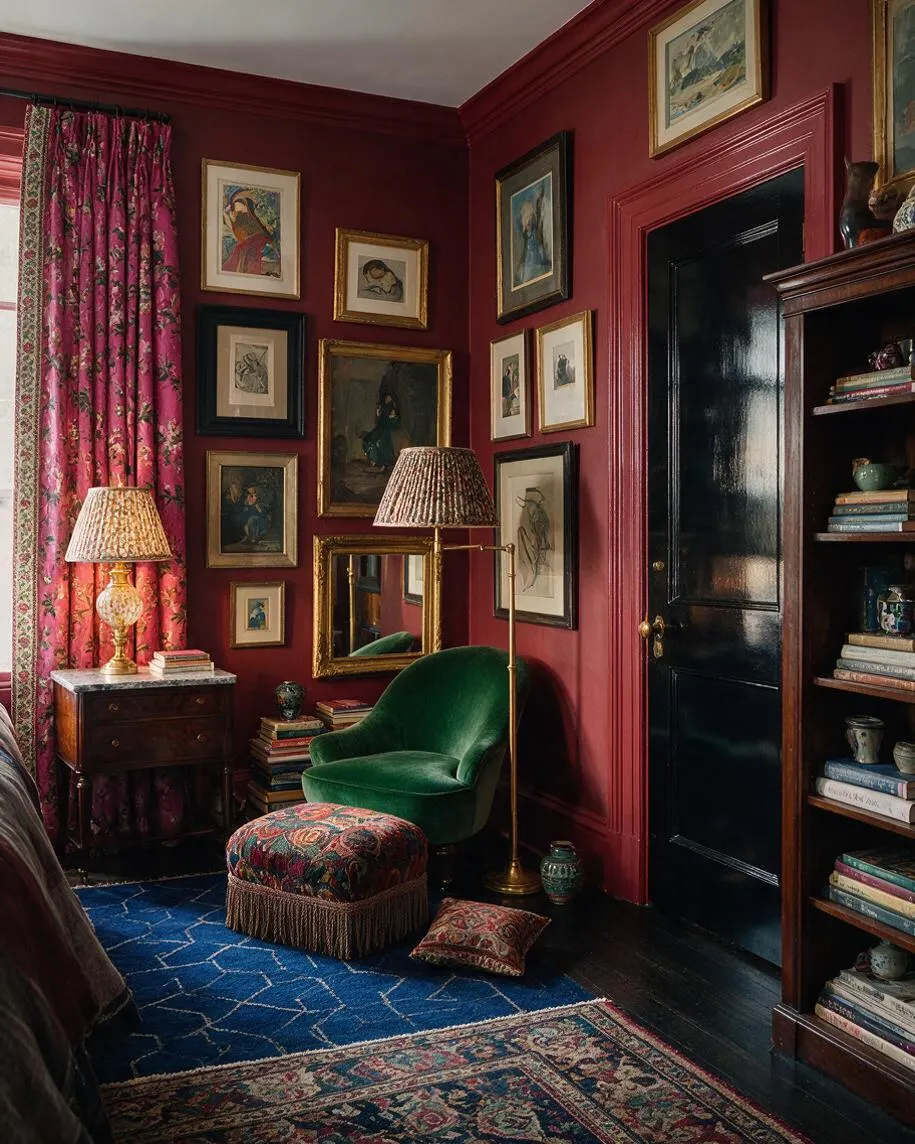 A dramatic guest bedroom with deep burgundy walls, a glossy black door, and an eclectic gallery of framed artwork. The room includes a green velvet chair, patterned ottoman, floral drapery, stacked books, brass lamps, and layered blue and floral rugs.