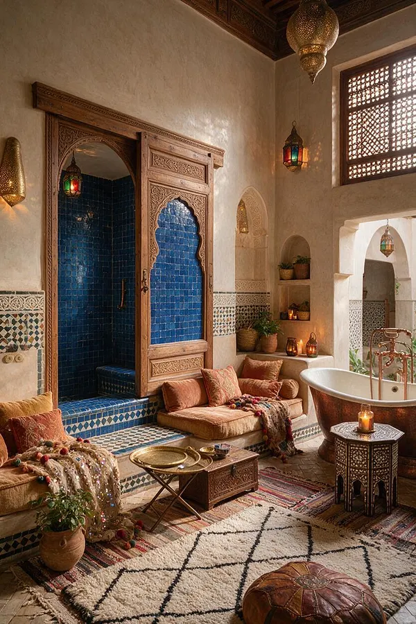 A luxurious Moroccan-style master bathroom with carved wood doors framing a deep blue tiled shower, a freestanding copper-toned tub, and warm plaster walls. Cushioned seating, patterned mosaic tile bands, hanging lanterns, arched niches, and layered rugs create a rich, intimate atmosphere.