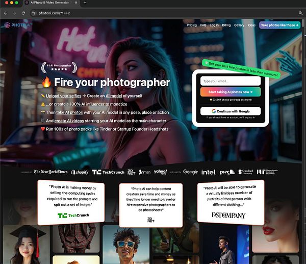 The image displays a promotional webpage for a service called Photo AI, featuring a striking background and various call-to-action elements.