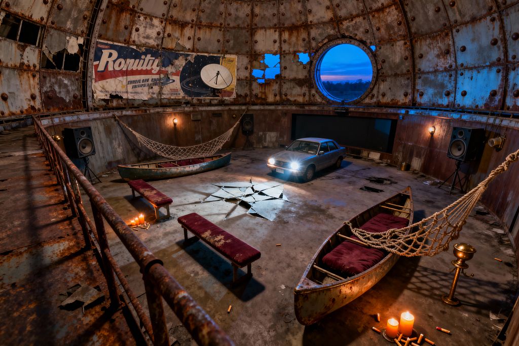 Inside a rusted, dome-shaped chamber, a silver sedan with headlights on faces a wall-mounted screen between large speakers. The concrete floor features a star-shaped crack, while metal canoes with burgundy cushions serve as seating, linked by thick rope hammocks; distressed benches, burning candles, a brass pedestal, a faded space-age billboard, and a round porthole window glowing blue at dusk complete the improvised media room.