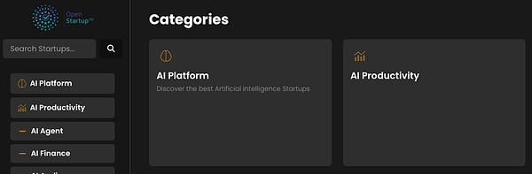 The image displays a user interface for a startup directory with categories related to artificial intelligence.