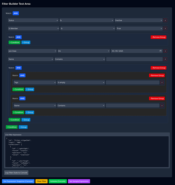 The image displays a filter builder interface for creating complex queries.