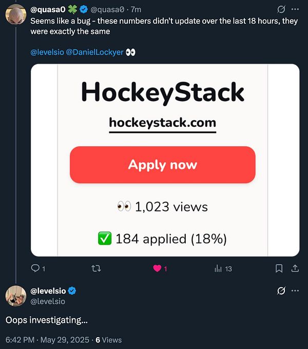 A Twitter conversation highlights a potential bug in application view counts for a job posting.