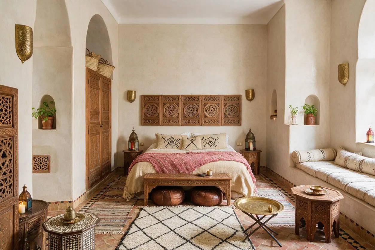 A Moroccan-style master bedroom with a centered bed framed by carved wood wall panels, cream plaster walls, and arched niches. The room features patterned rugs, a pink throw, brass lanterns, low carved tables, built-in seating, and warm natural textures throughout.