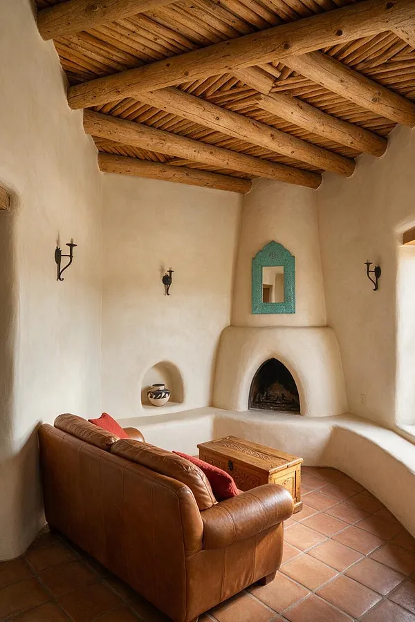 A Southwestern sunroom with smooth adobe-style white walls, a warm terracotta tile floor, and a ceiling of heavy exposed log beams. The room features a built-in fireplace, a turquoise decorative mirror, a tan leather sofa with red pillows, and a carved wooden chest used as a coffee table.