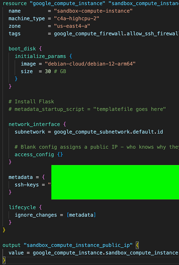 The image displays a code snippet for configuring a Google Cloud Platform (GCP) virtual private server (VPS) using Terraform.